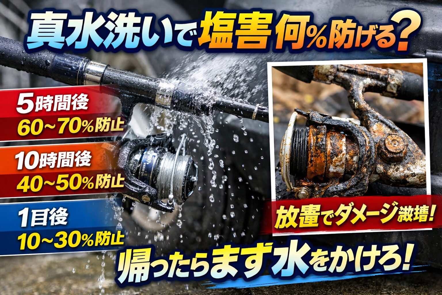 真水をかけるだけでも効果は大きいですが、時間との勝負です。釣行直後 → 約80〜90％防止。5時間後 → 約60〜70％。10時間後 → 約40〜50％。1日後 → 約10〜30％。釣太郎