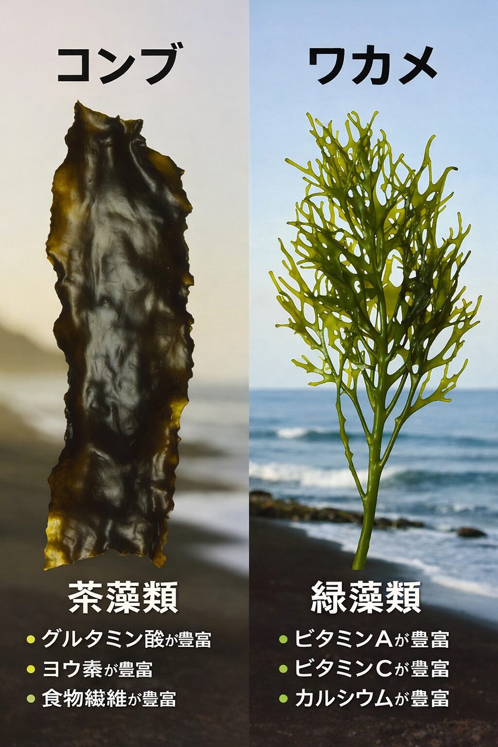 昆布とワカメの違い。「厚くて黒っぽい＝昆布」「薄くて緑の葉っぱ＝ワカメ」釣太郎