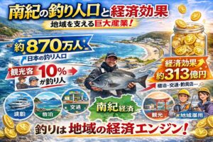 南紀の釣り経済のポイント・日本の釣り人口は約870万人・串本では観光客の約10％が釣り人・釣りは地域の主力観光・宿泊や交通など幅広い経済効果・観光産業依存度が高い地域を支える。釣太郎