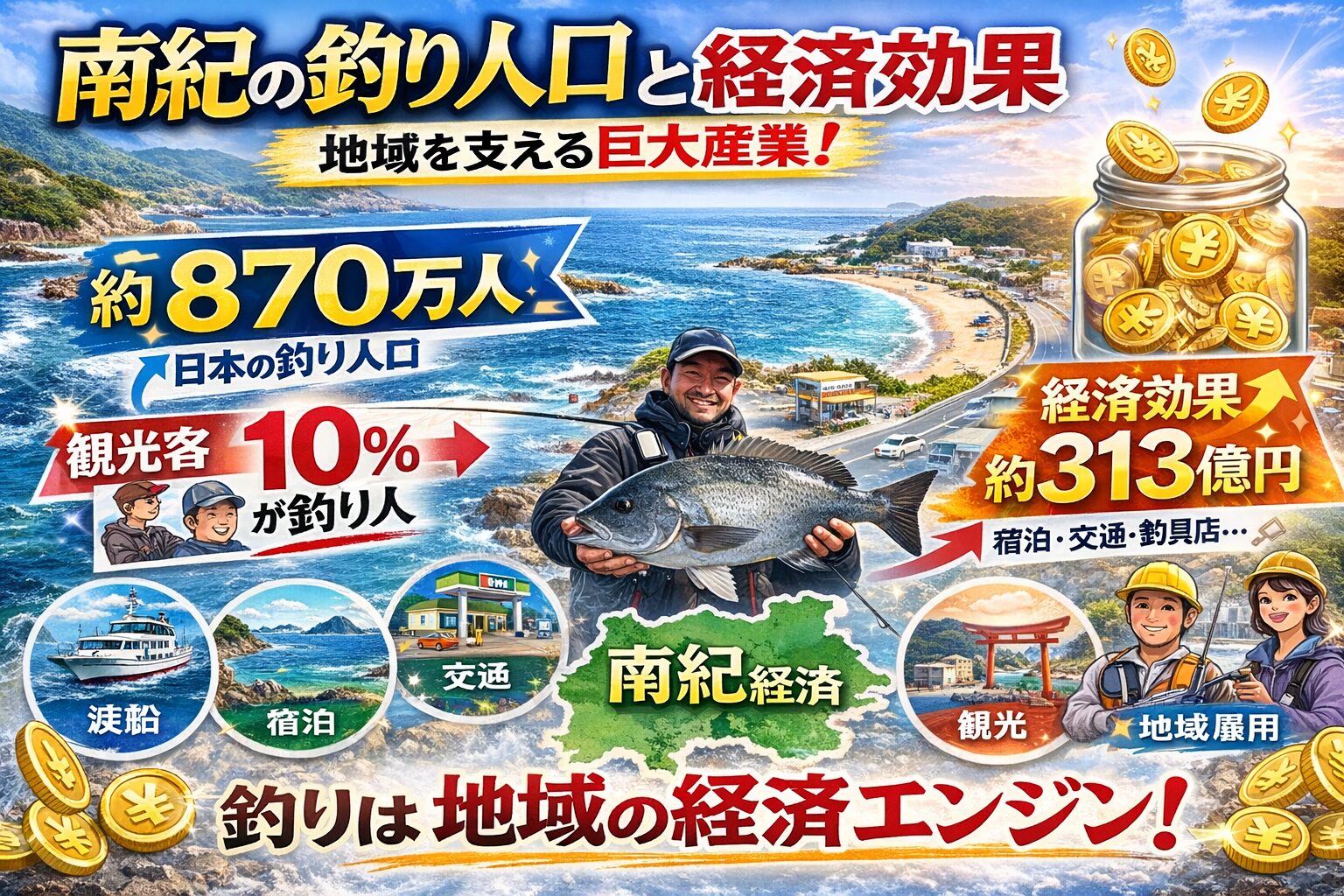 南紀の釣り経済のポイント・日本の釣り人口は約870万人・串本では観光客の約10％が釣り人・釣りは地域の主力観光・宿泊や交通など幅広い経済効果・観光産業依存度が高い地域を支える。釣太郎