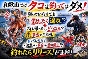 和歌山ではタコは漁業権対象の地域が多く、狙っていなくても持ち帰れば違反になる可能性があります。釣太郎