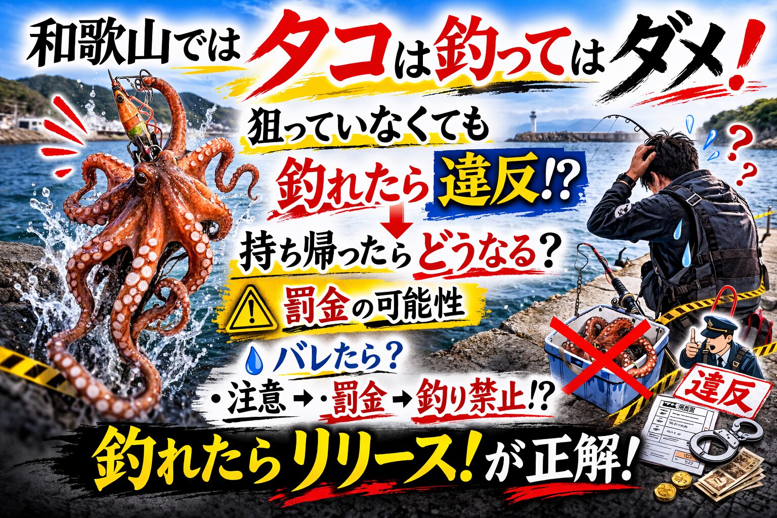 和歌山ではタコは漁業権対象の地域が多く、狙っていなくても持ち帰れば違反になる可能性があります。釣太郎