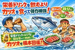 栄養ドリンクを飲むのも一手ですが、自分の体を大切にするならカツオを食べて回復するのが一番の近道。高タンパク、高ビタミン、そしてアンセリンの力。釣太郎