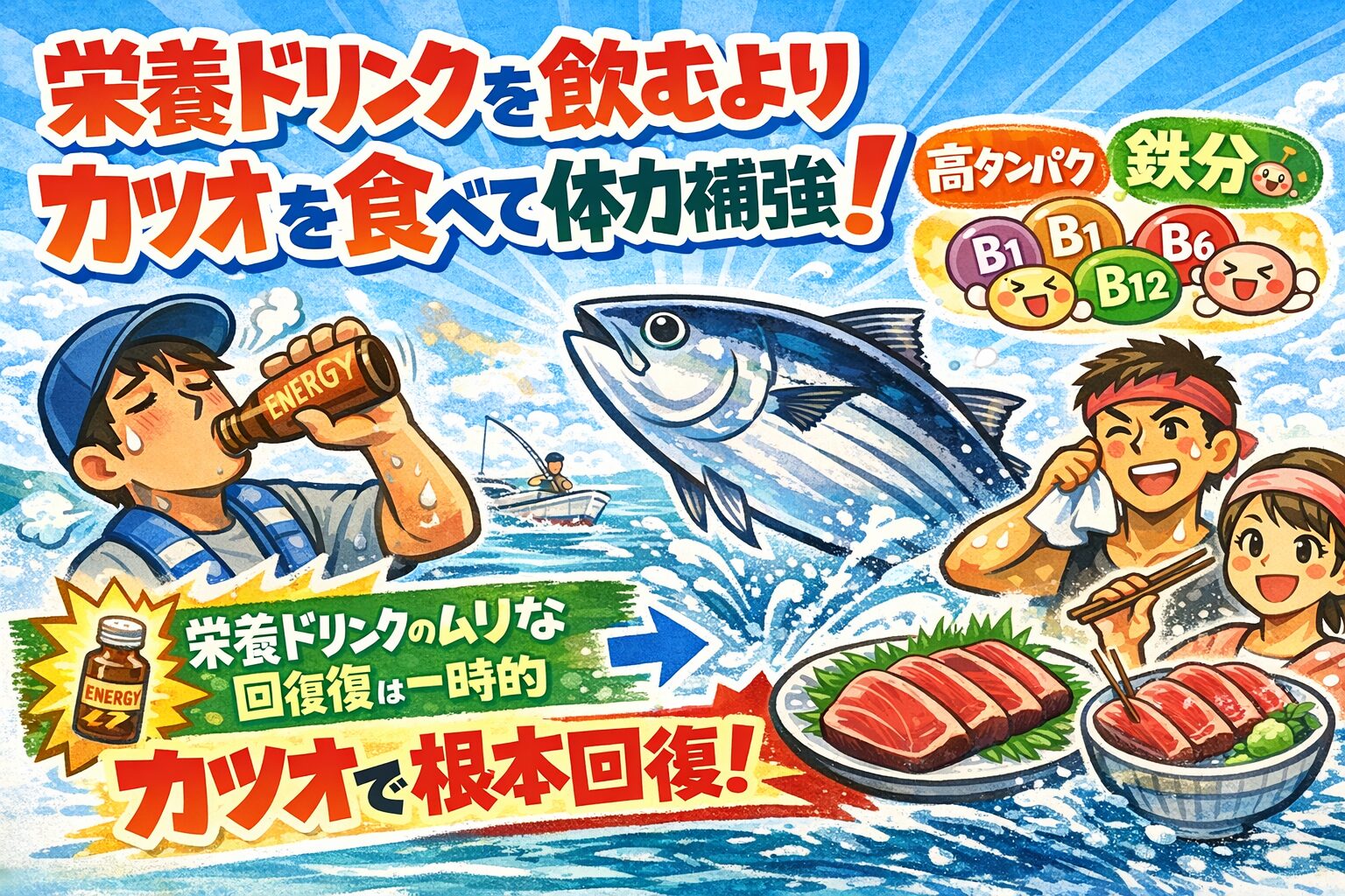 栄養ドリンクを飲むのも一手ですが、自分の体を大切にするならカツオを食べて回復するのが一番の近道。高タンパク、高ビタミン、そしてアンセリンの力。釣太郎