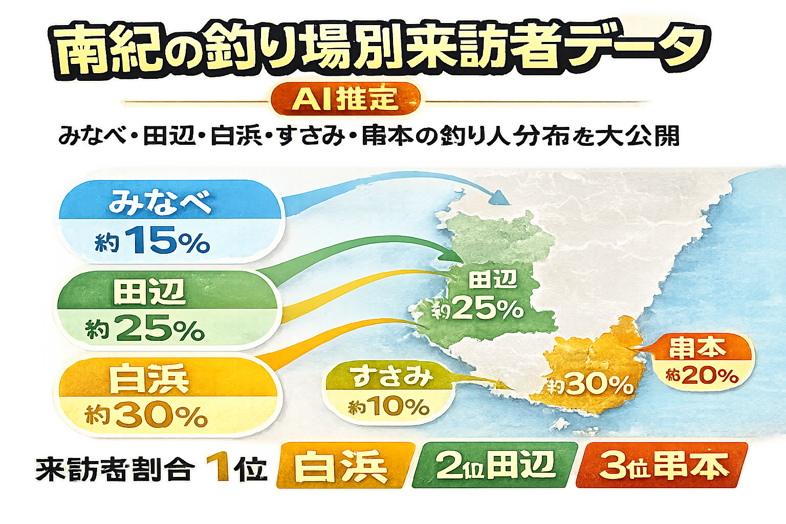 南紀 来訪者割合（AI推定）① 白浜エリア：30％② 田辺エリア：25％③ 串本エリア：20％④ みなべエリア：15％⑤ すさみエリア：10％。釣太郎