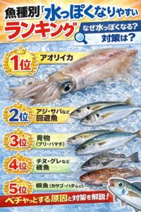 水っぽさは魚種によって大きく差があります。特にアオリイカやアジなど水分量の多い魚は管理次第で味が激変します。釣太郎