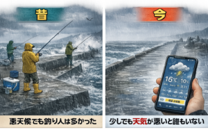 かつては「大しけでも常連が来ていた」釣具店。しかし近年では、少しでも天気が崩れると来店が激減する傾向が強まっています。この変化は単なる気まぐれではない。釣太郎