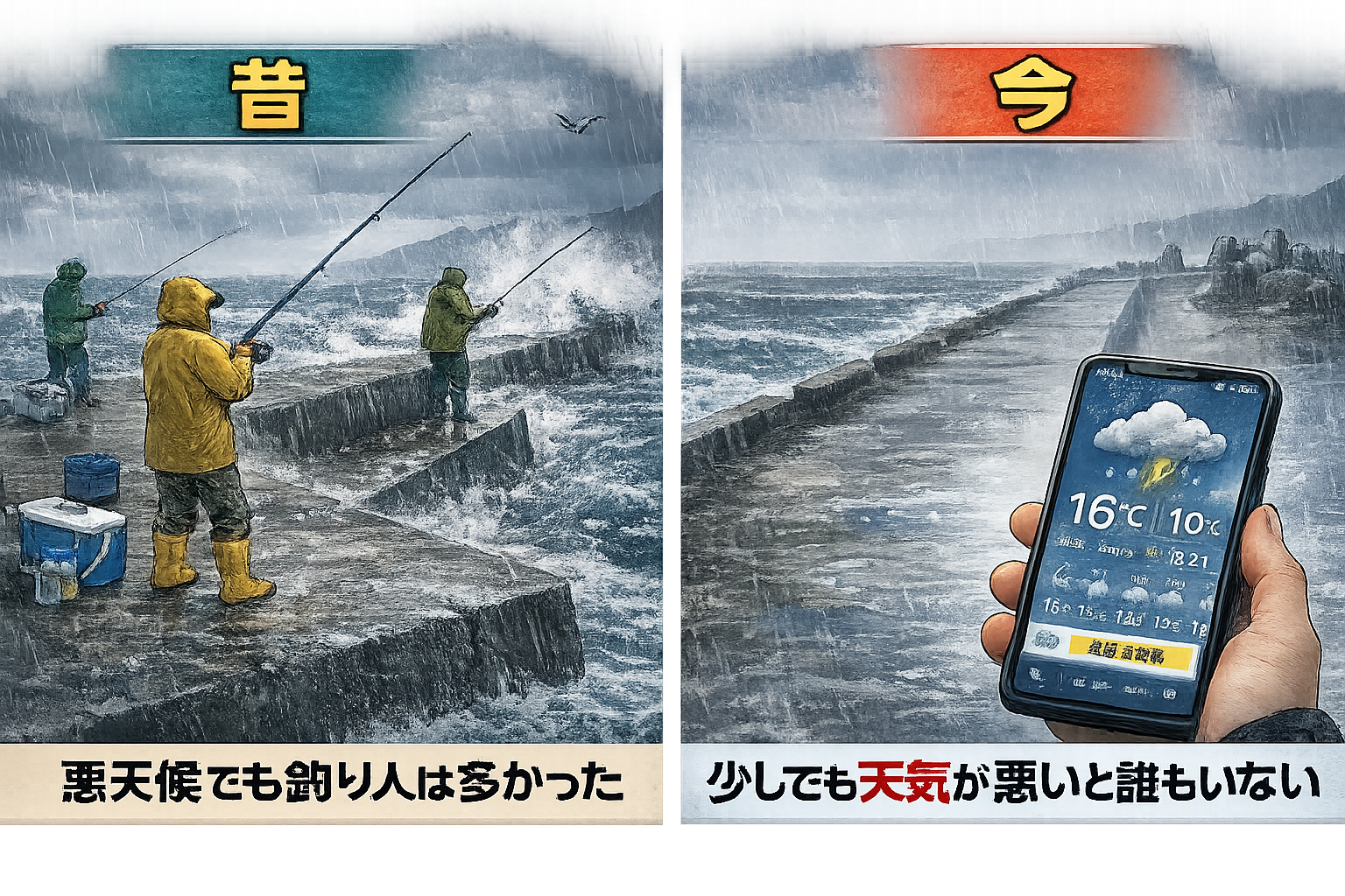 かつては「大しけでも常連が来ていた」釣具店。しかし近年では、少しでも天気が崩れると来店が激減する傾向が強まっています。この変化は単なる気まぐれではない。釣太郎