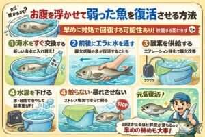 魚が腹を浮かせても 水質改善、酸素供給、 エラ通水、で回復することがあります。ただし 仰向け、反応なし、は回復困難。釣太郎