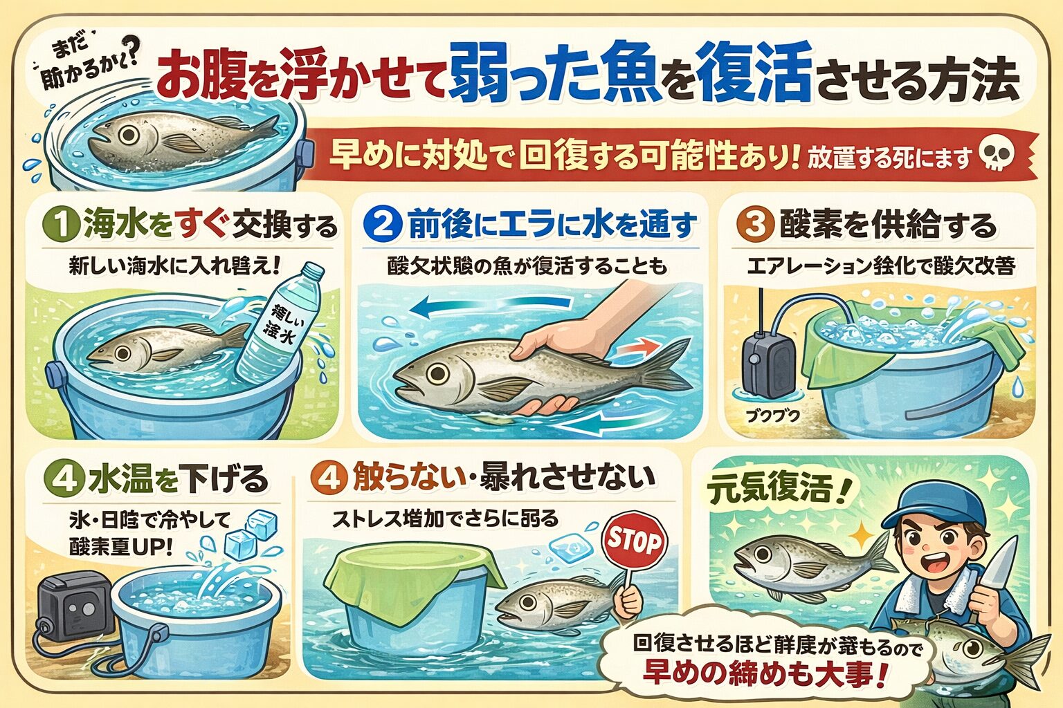 魚が腹を浮かせても 水質改善、酸素供給、 エラ通水、で回復することがあります。ただし 仰向け、反応なし、は回復困難。釣太郎