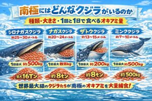 南極のくじらはシロナガ。ナガ。ザトウ。ミンクなどのヒゲクジラが集まる。最大種は３０メートル。１回の捕食で。数十〜数百キロ。１日では数百キロ〜十数トン。釣太郎