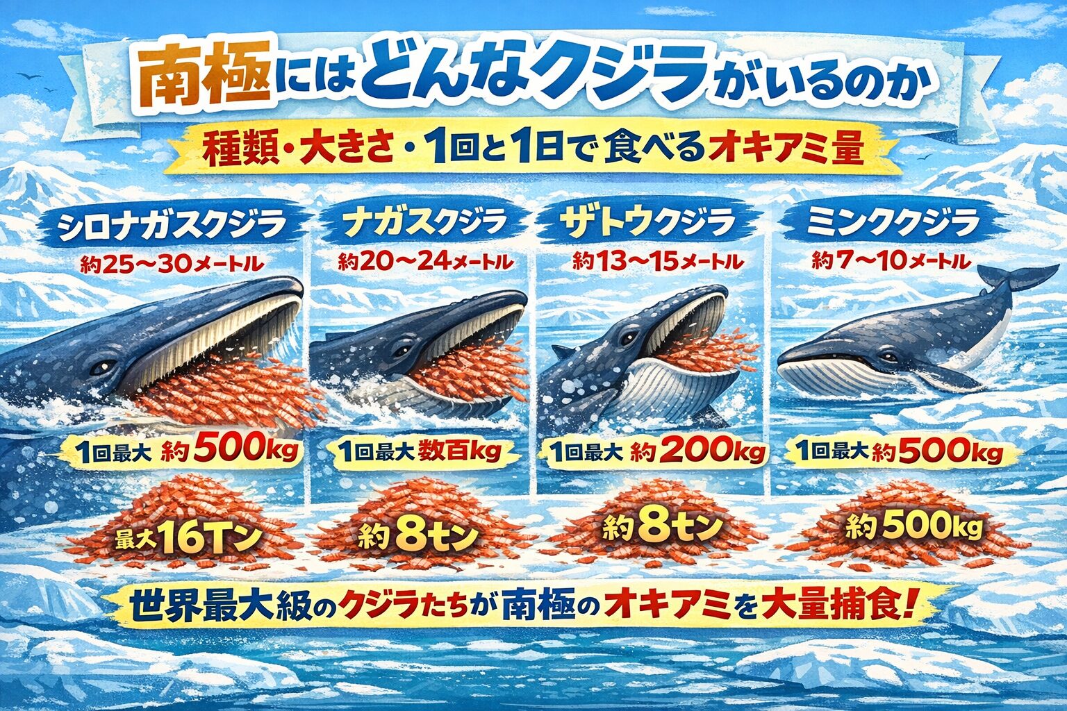 南極のくじらはシロナガ。ナガ。ザトウ。ミンクなどのヒゲクジラが集まる。最大種は３０メートル。１回の捕食で。数十〜数百キロ。１日では数百キロ〜十数トン。釣太郎