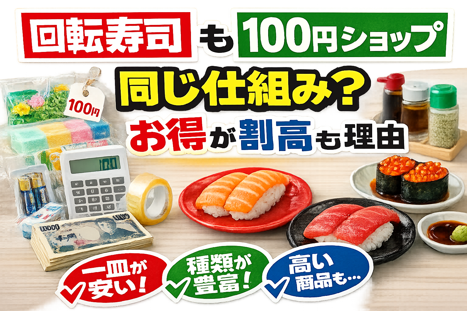 回転寿司も100均も、構造は同じ。安くて得する商品、利益を取る商品 この2つが混在しています。釣太郎