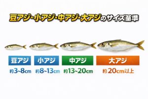 アジの呼び方、豆アジ（3〜8cm）小アジ（8〜13cm）中アジ（13〜20cm）大アジ（20cm以上）釣太郎