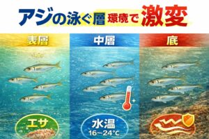 タナを制する者がアジ釣りを制す！アジのタナは「餌・時間帯・季節・潮・水温」で決まる。釣太郎