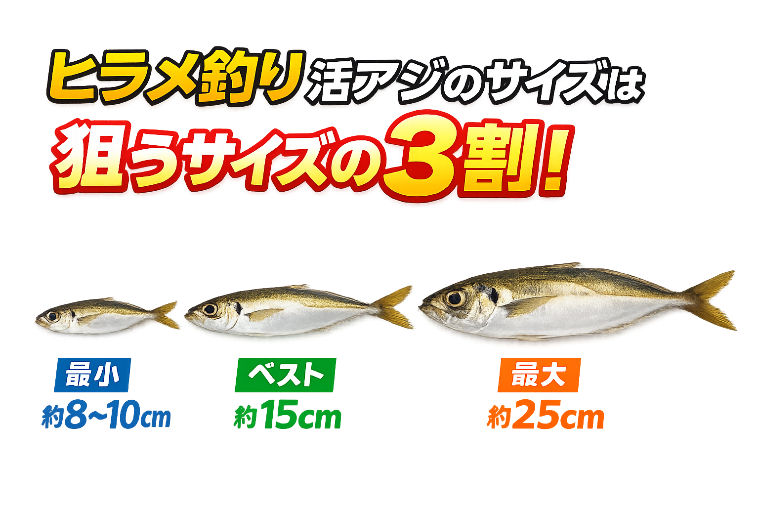 ヒラメ釣りの活アジサイズ・基本：狙うヒラメの3割サイズ・最小：約8〜10cm・最適：12〜18cm ・最大：約25cm。基本食えるサイズしか食わない魚。釣太郎