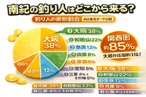 南紀の釣り人県別割合。 ・大阪が圧倒的・関西圏が85％・遠征組は消費額が高い。南紀は関西最大の釣り圏です。釣太郎