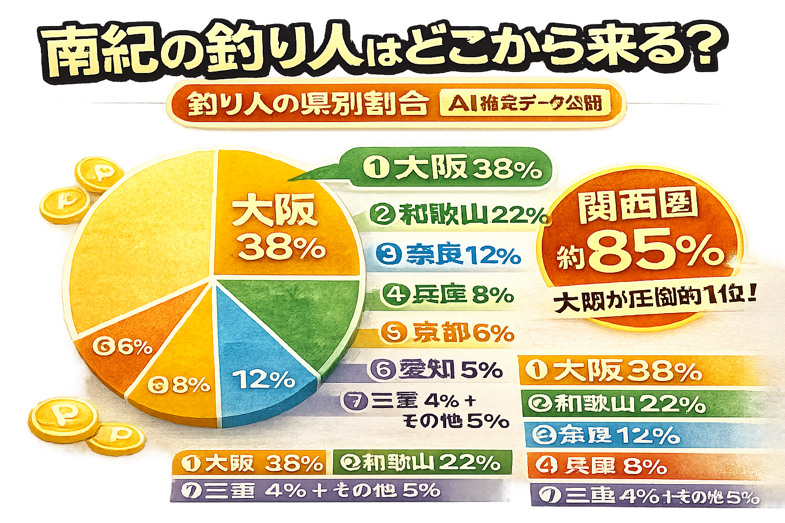南紀の釣り人県別割合。 ・大阪が圧倒的・関西圏が85％・遠征組は消費額が高い。南紀は関西最大の釣り圏です。釣太郎