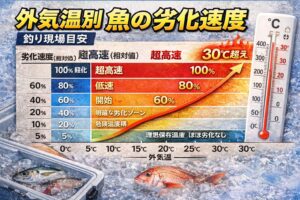 魚の鮮度は温度で指数関数的に変化します。・5℃以下 → 安全・20℃以上 → 急速劣化・30℃以上 → 即ダメージ。釣りは「温度との戦い」です。釣太郎