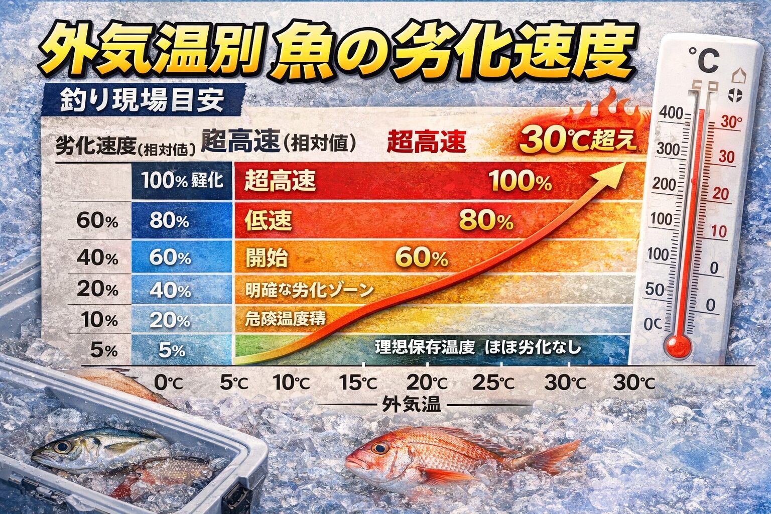 魚の鮮度は温度で指数関数的に変化します。・5℃以下 → 安全・20℃以上 → 急速劣化・30℃以上 → 即ダメージ。釣りは「温度との戦い」です。釣太郎