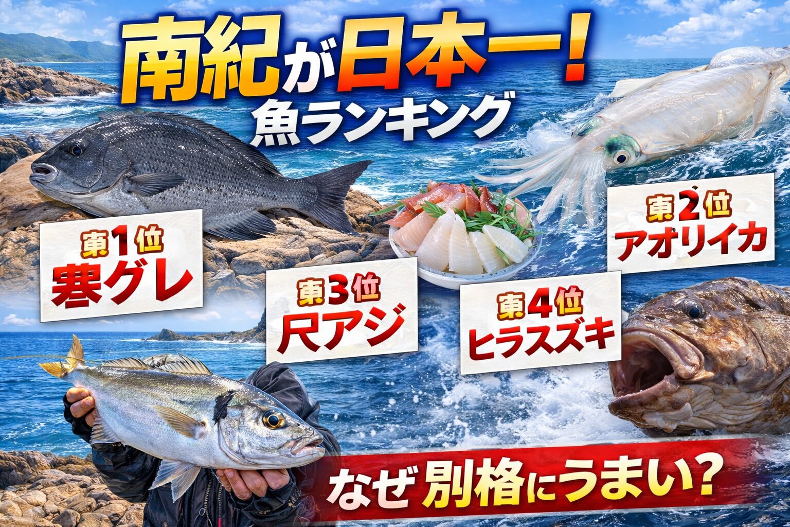 南紀が日本一と言われる魚ランキング。1位 寒グレ2位 アオリイカ3位 尺アジ4位 ヒラスズキ5位 クエ。南紀は味・魚影・サイズの三拍子が揃う全国屈指の釣り場.釣太郎