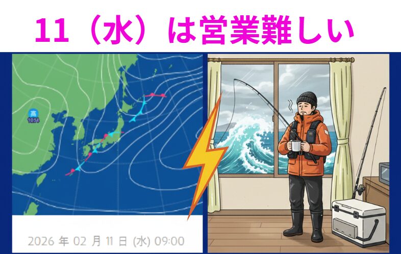 2月11日（水・祝）前後の営業について。南岸低気圧接近に伴うお知らせ釣太郎