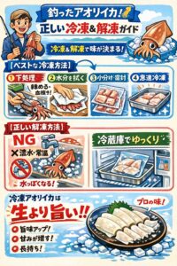 アオリイカの冷凍解凍方法。真水には触れさせない。空気を抜いて密閉する。氷水でゆっくり解凍する.釣太郎