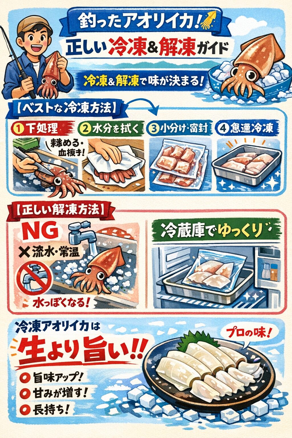 アオリイカの冷凍解凍方法。真水には触れさせない。空気を抜いて密閉する。氷水でゆっくり解凍する.釣太郎