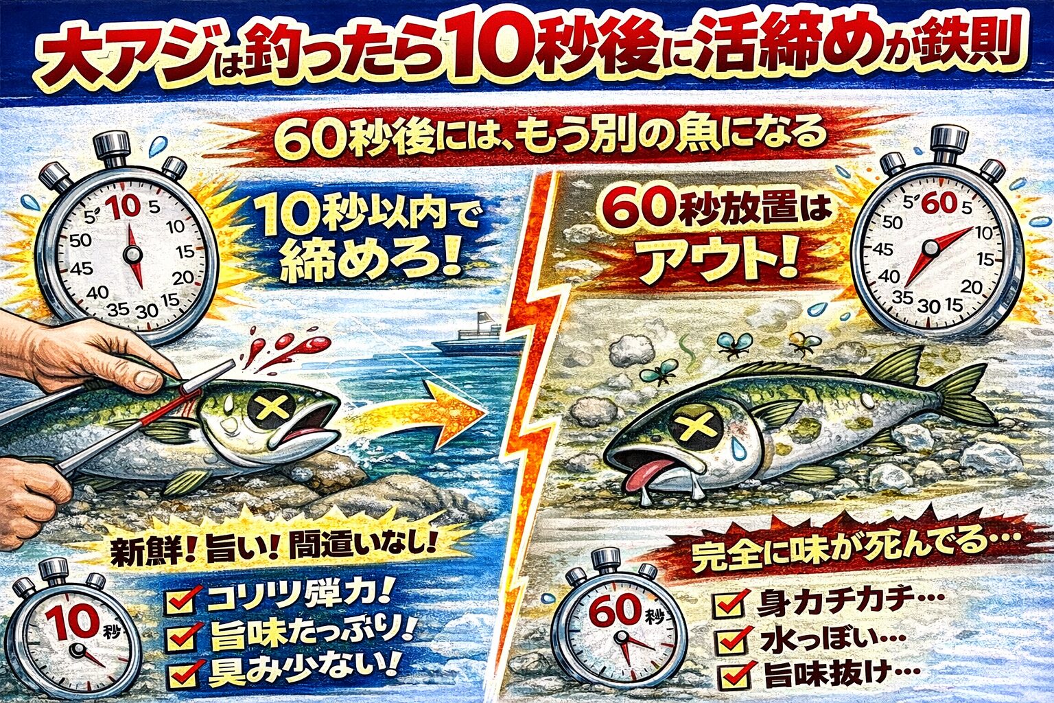 大アジは釣ったら10秒後に活締めが鉄則 60秒後には、もう別の魚になる。釣太郎