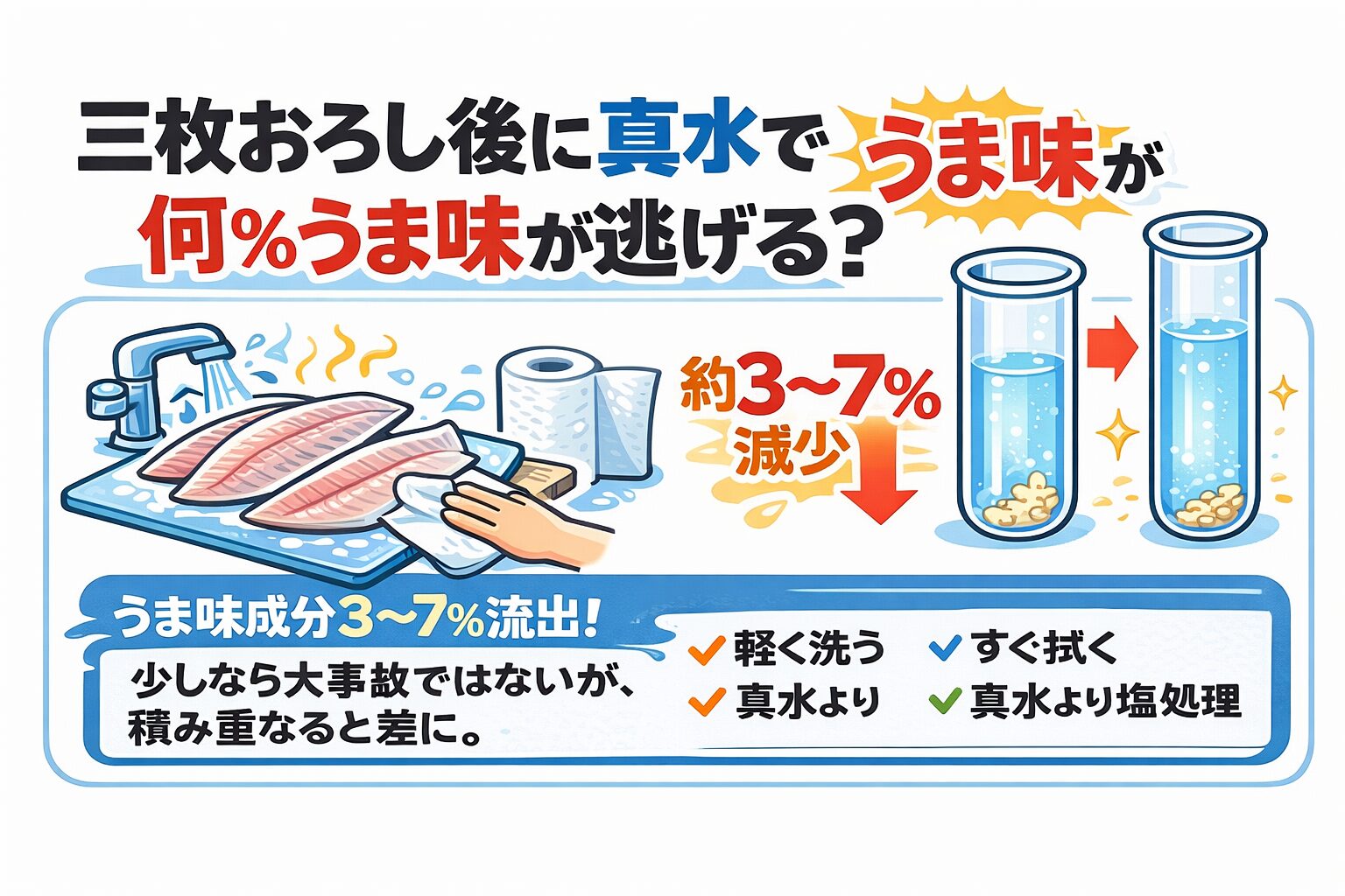 うま味成分は水溶性・真水で洗うと拡散する・軽くなら3〜7％減少・長時間なら最大15％・イカはさらに影響大。結論。さっと洗った程度なら大きな問題はない。釣太郎