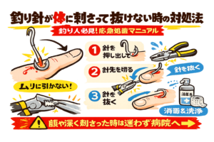 釣り針が刺さったら・無理に引かない・返しの位置確認・浅い → 自己処理可・深い → 病院。釣太郎