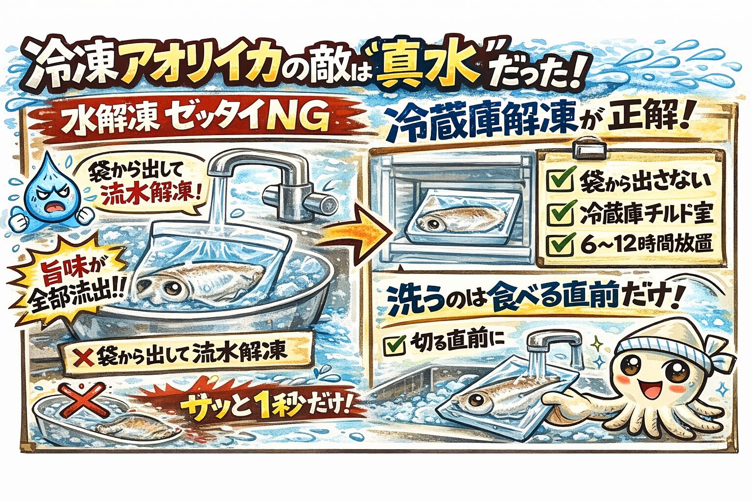 アオリイカは、扱い次第で“最高級”にも“安物”にもなる魚です。差を生むのは、👉 解凍の10時間と、水の1秒。釣太郎