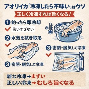 冷凍アオリイカ、よくある失敗パターン。 海水氷なし❌ 洗いすぎ❌ 水分残り❌ 脱気なし❌ 流水解凍。釣太郎