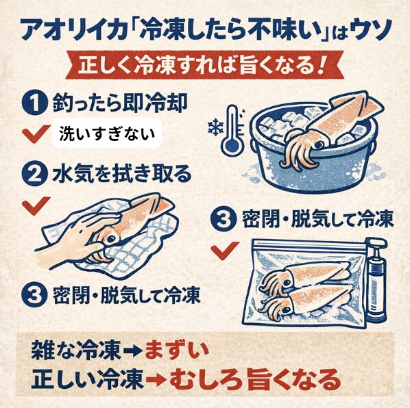 冷凍アオリイカ、よくある失敗パターン。 海水氷なし❌ 洗いすぎ❌ 水分残り❌ 脱気なし❌ 流水解凍。釣太郎