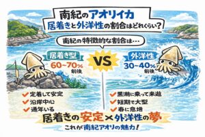 南紀のアオリイカは居着き型がやや多く、全体の6〜7割を占める。釣太郎