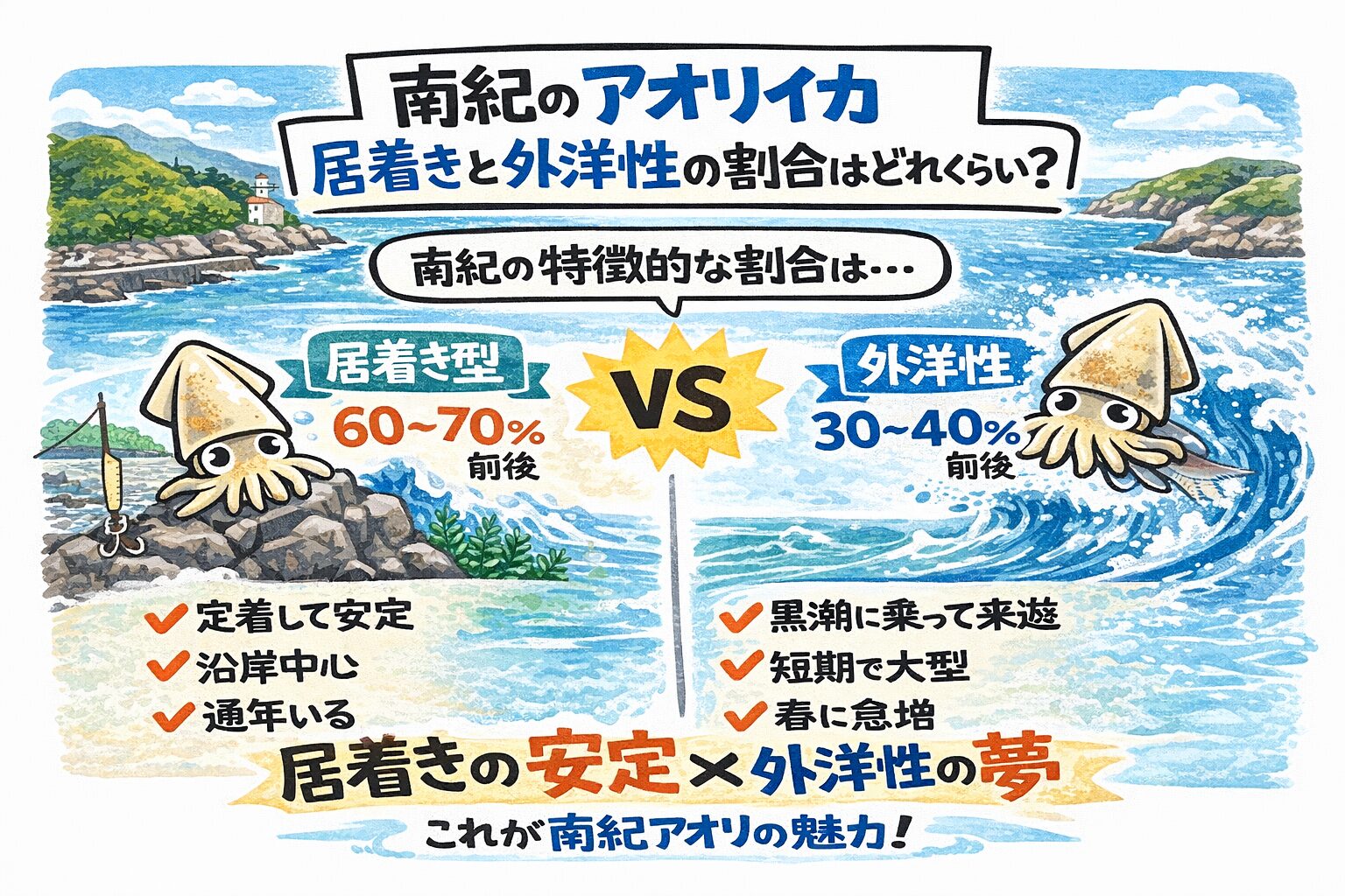 南紀のアオリイカは居着き型がやや多く、全体の6〜7割を占める。釣太郎