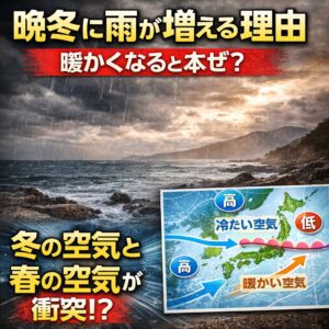晩冬に雨が増える理由。冬と春の空気が衝突。低気圧の通過が増える。暖かい空気が湿気を運ぶ。偏西風の変化。寒さが緩むと雨が増えるのは、春へ向かうサイン.釣太郎