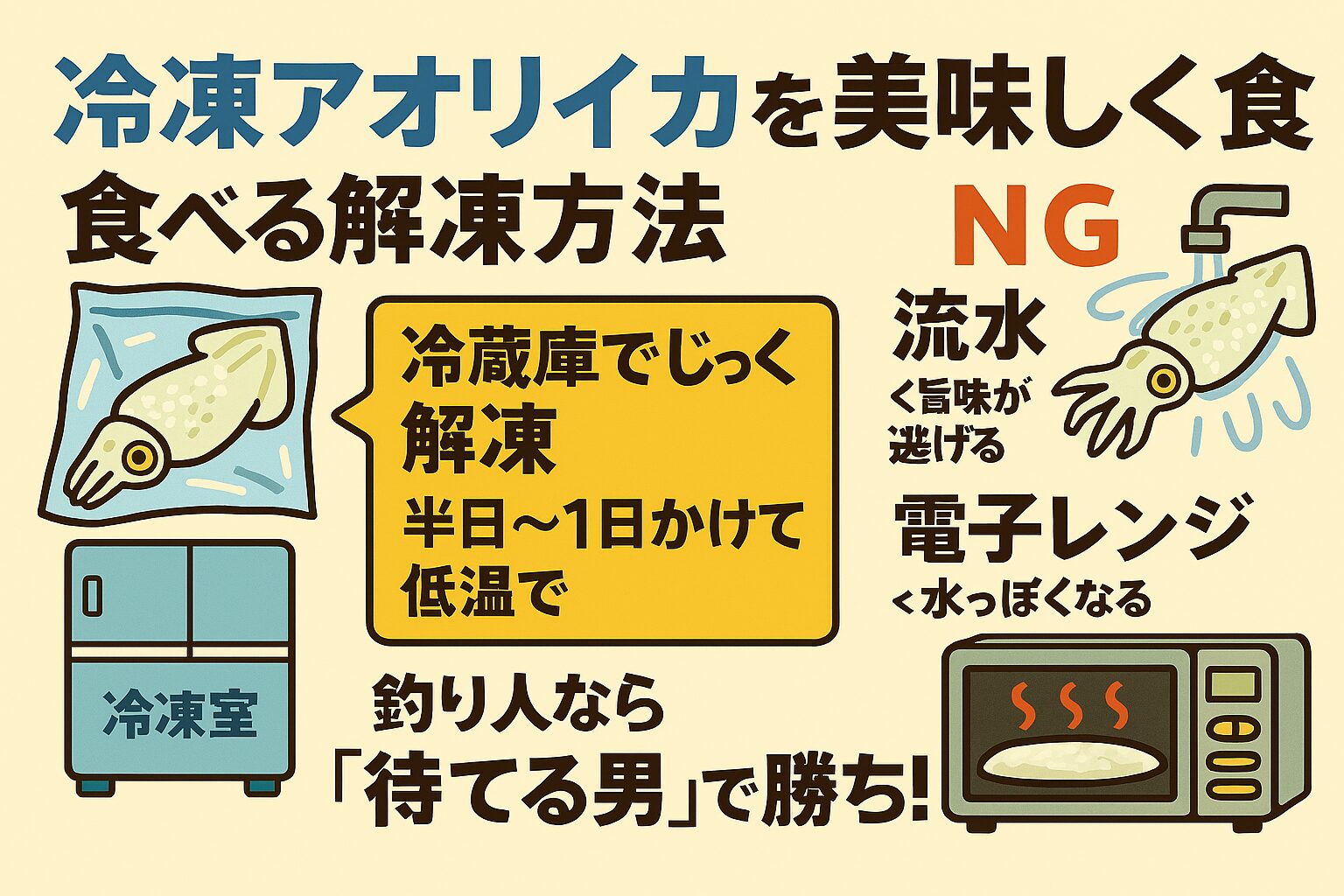 冷凍アオリイカの解凍は氷水 or 冷蔵庫が鉄板。NGの常温・レンジ・真水直当てを避ければ、ドリップ最小でねっとり甘い極上刺身が味わえます。釣太郎