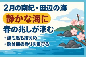 冬の紀伊田辺の海は、見た目こそ静かだが、遠浅地形が生む穏やかな海面 。黒潮の距離がもたらす澄んだ水質。春を告げる磯の香りと魚の動き。釣り人にとっては、「読みの力」が試される季節。釣太郎