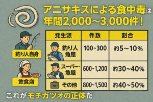 食中毒、市販の生鮮魚介類が原因のケース。 スーパーや魚屋で購入した刺身・生魚。店頭での処理ミス（内臓残り・冷却不足）消費者が家庭で生食した際の発症。これらは全体の30〜40%（600〜1,200件）程度。釣太郎