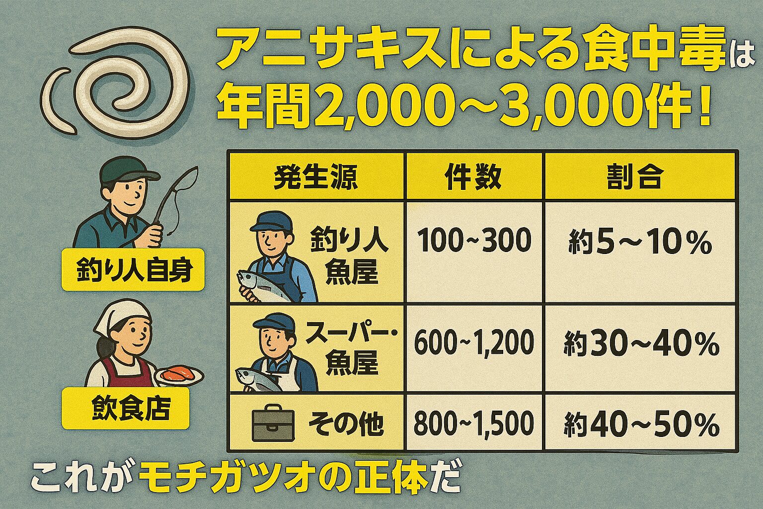 食中毒、市販の生鮮魚介類が原因のケース。 スーパーや魚屋で購入した刺身・生魚。店頭での処理ミス（内臓残り・冷却不足）消費者が家庭で生食した際の発症。これらは全体の30〜40%（600〜1,200件）程度。釣太郎