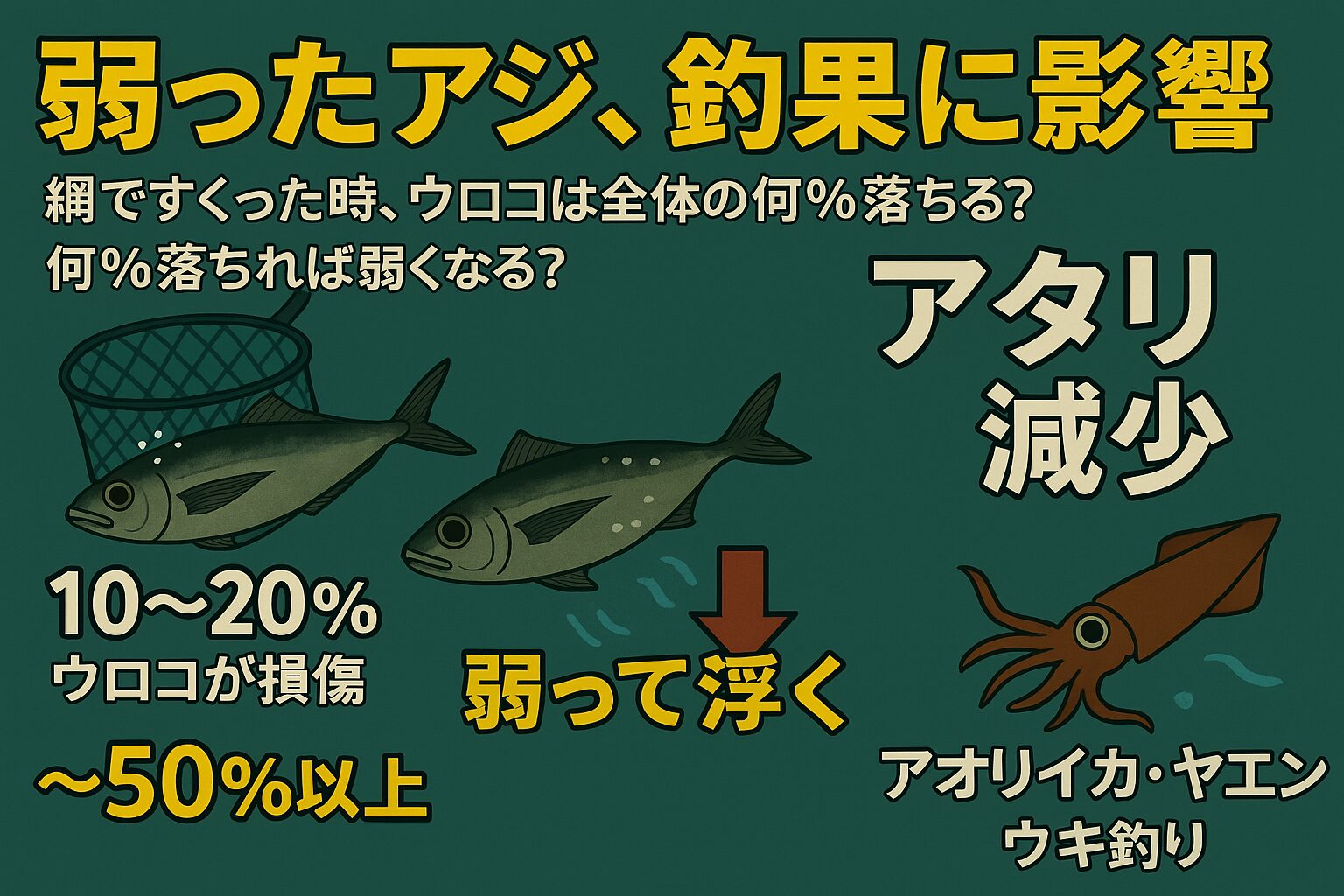 網ですくった時のウロコ損傷率。正しく網ですくえばウロコ損傷は10〜20％程度に抑えられるとされています。釣太郎