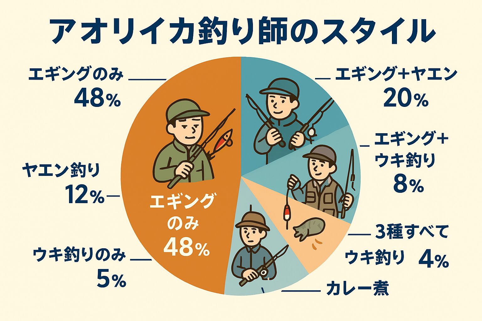 アオリイカ釣り、エギング単体派が約半数を占める一方で、複数スタイルを使い分ける“併用派”も全体の35％に達する結果に！釣太郎