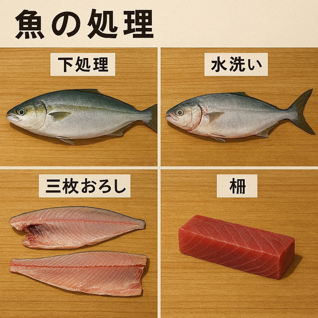 魚の処理は“鮮度と味”を左右する技術。下処理→水洗い→三枚おろし→柵は順を追った処理工程。釣太郎