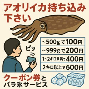 釣太郎では、アオリイカをお持ち込みいただいたお客様に、サイズに応じたクーポン券とバラ氷サービスを実施しています。