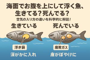 お腹を上にして海面を漂う魚は、生きている魚は“浮き袋の異常”、死んだ魚は“腐敗ガス”と、まったく異なるメカニズム。釣太郎
