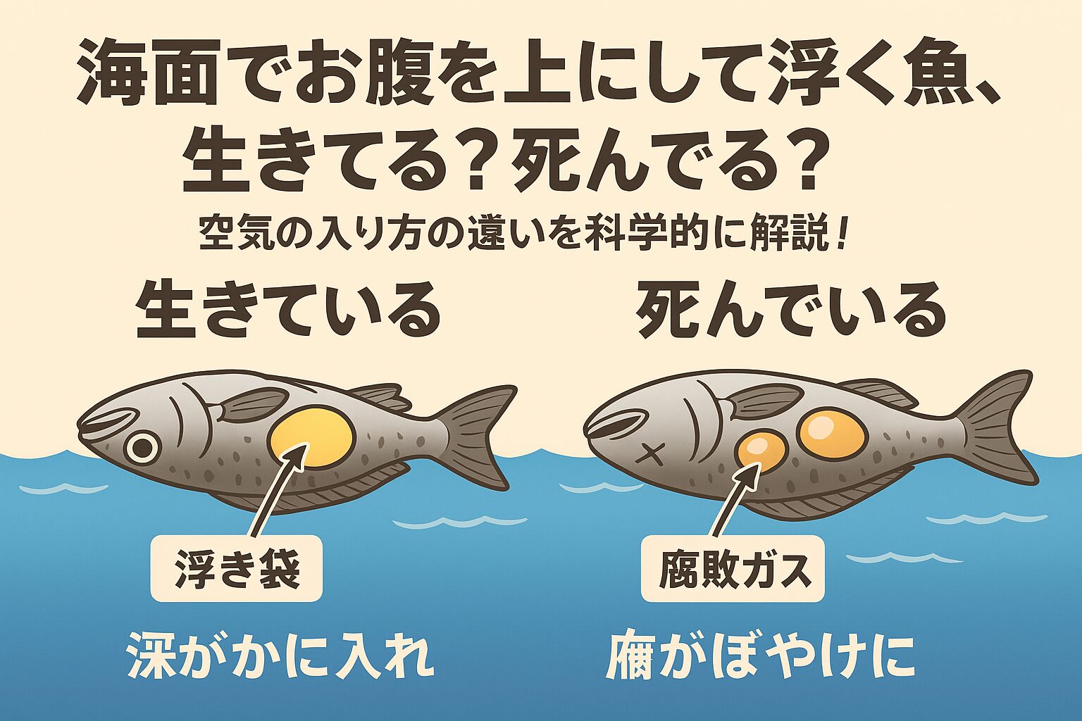 お腹を上にして海面を漂う魚は、生きている魚は“浮き袋の異常”、死んだ魚は“腐敗ガス”と、まったく異なるメカニズム。釣太郎