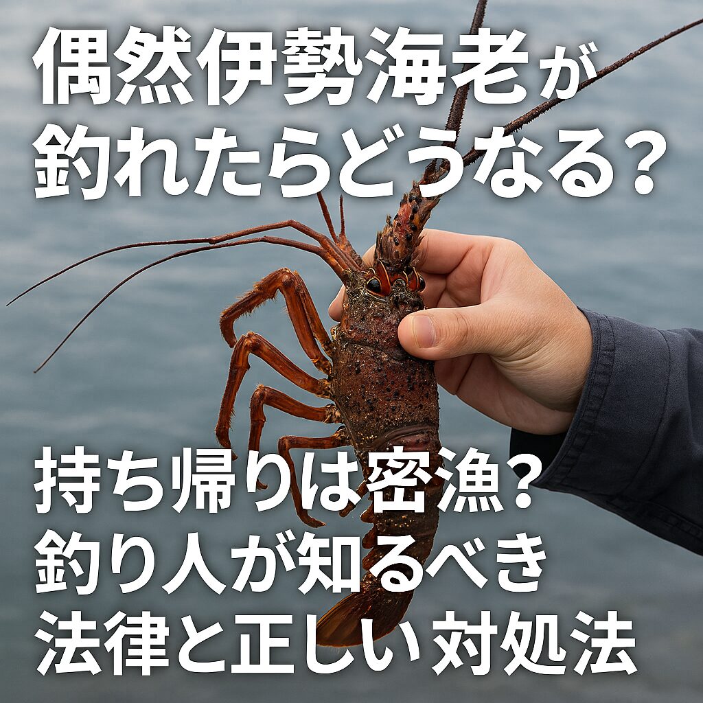 偶然でも伊勢海老は持ち帰ると密漁。伊勢海老は漁業権対象。釣り・網・仕掛け問わず持ち帰り禁止。「知らなかった」は通用しない。釣太郎