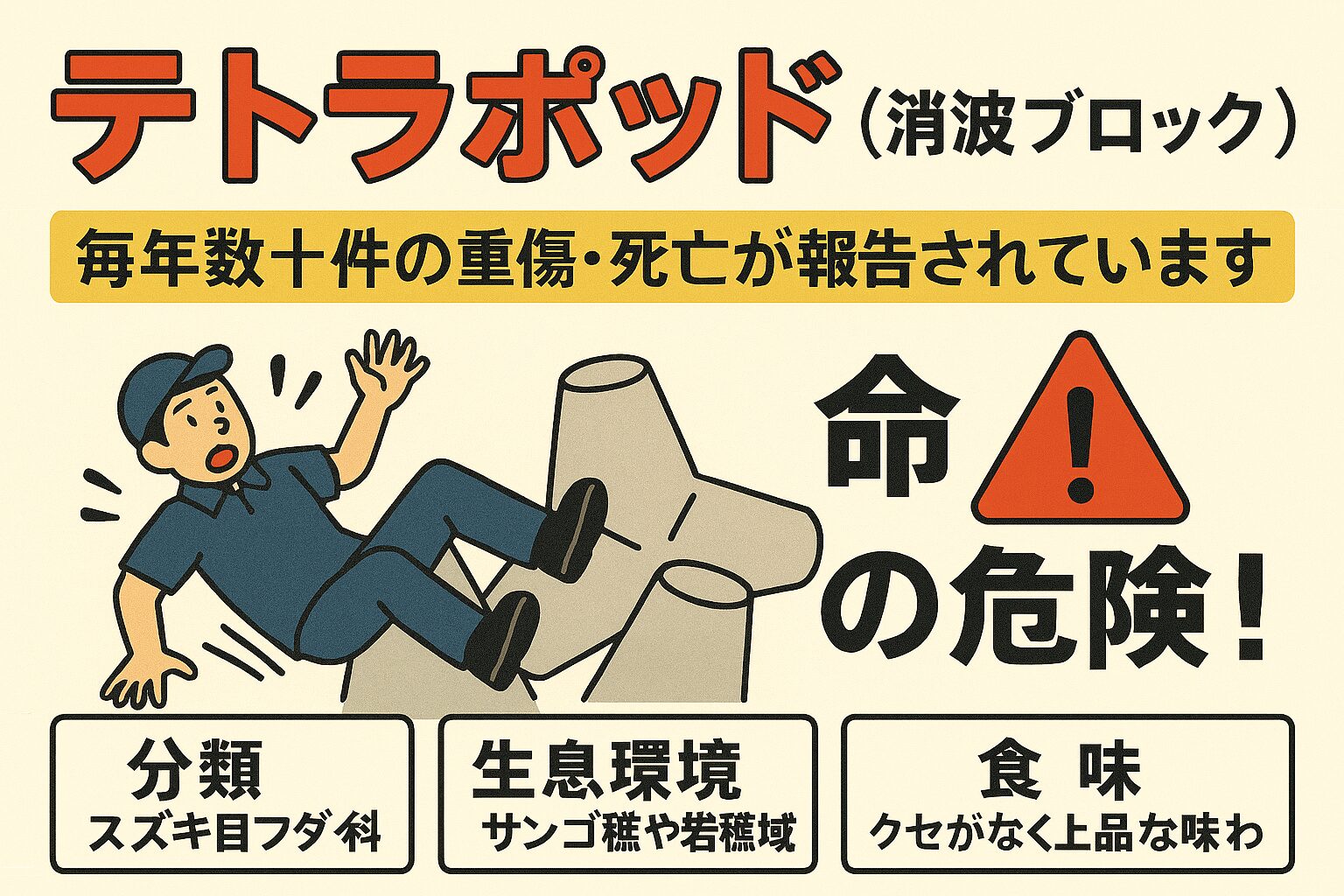 テトラポッドは海を守る大切な構造物ですが、人が立ち入ることを想定していない場所です。釣太郎