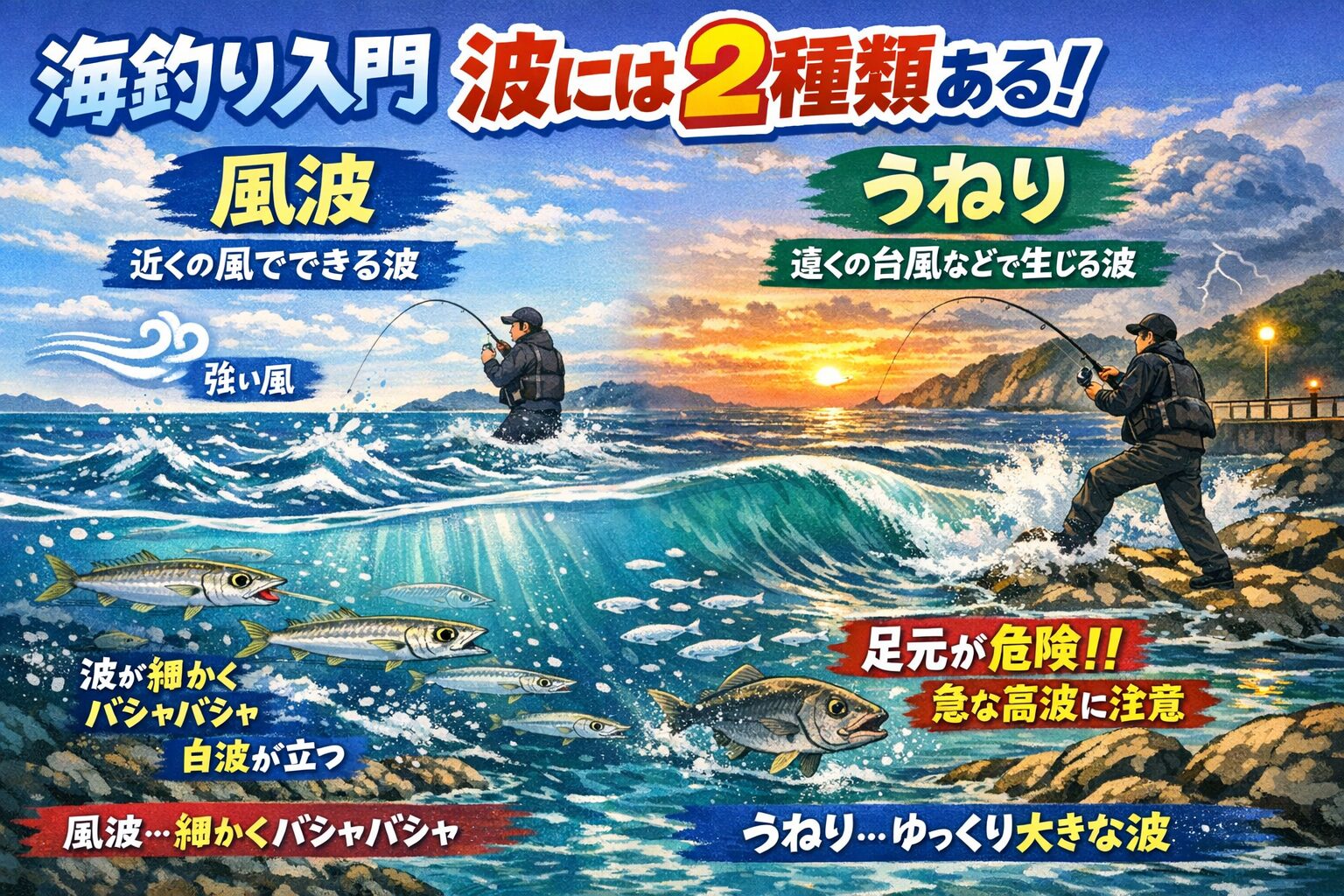 【海釣り入門】波の種類を知ろう！「風波」と「うねり」の違いと釣りへの影響。釣太郎